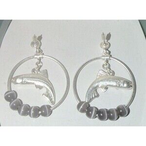NWT Big Sky Silver Hoop With Fish Dangle Earrings Gray Beads Green Case
